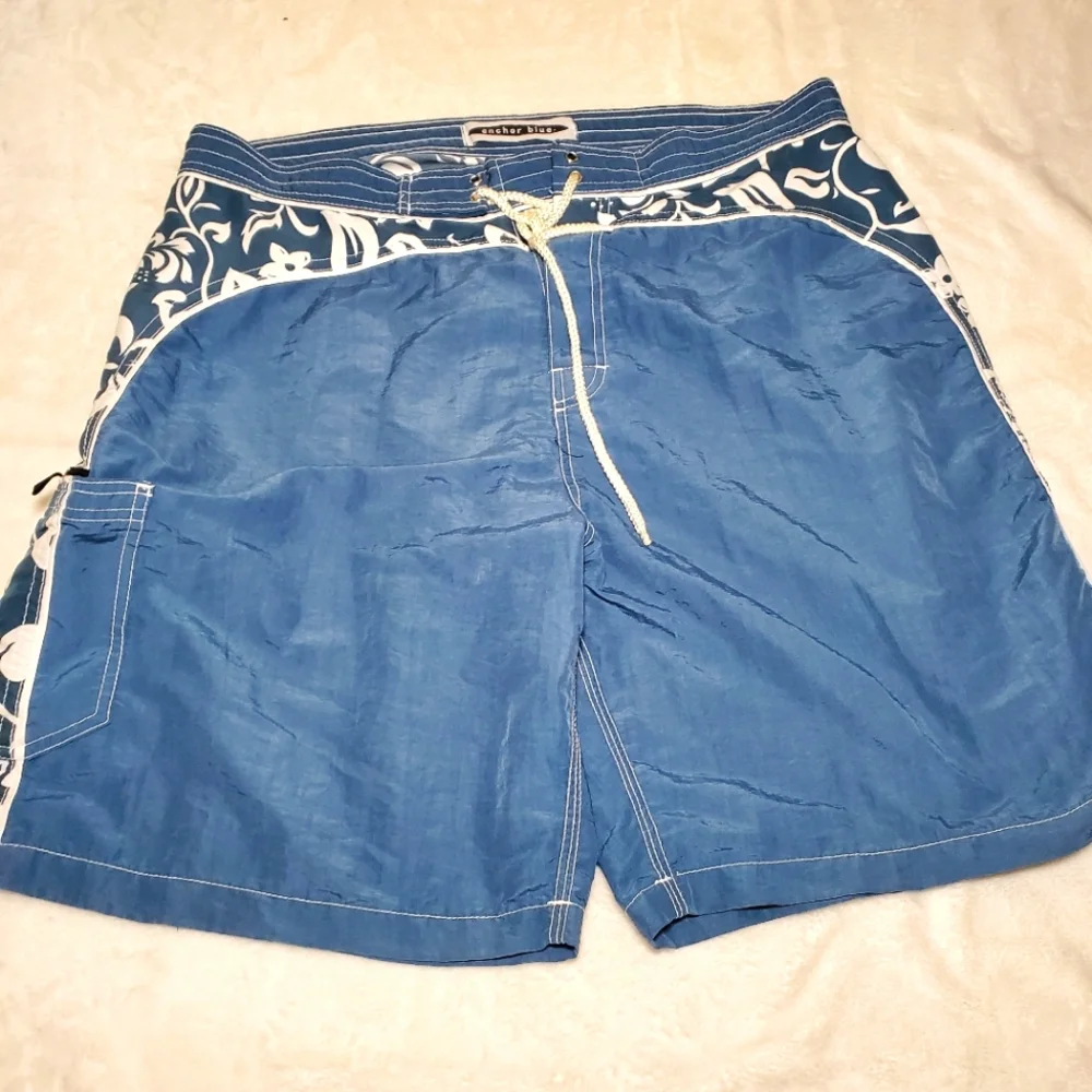 Men's Anchor Blue Board Shorts Swim Trunks Zipper Pocket Size 40 X 22‎  XL GUC